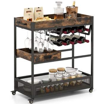 Costway Rolling Bar Cart Bar Serving Cart on Wheels 3-Tier Industrial Liquor Beverage Cart with Wine Rack & Glass Holder