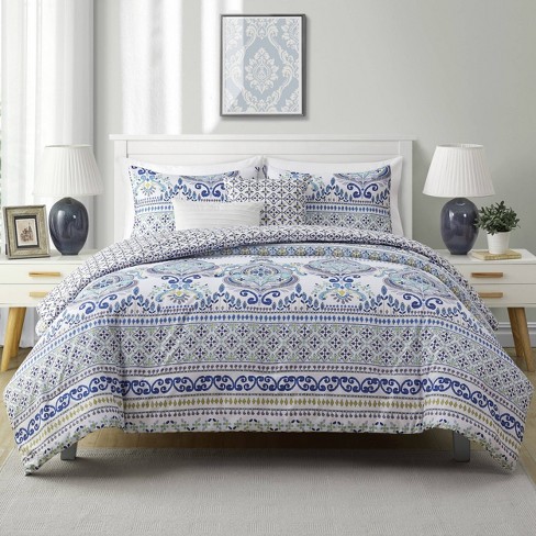 5pc Full/Queen Malik Reversible Medallion Comforter Set Blue/White - VCNY