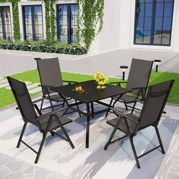 5pc Patio Dining Set with Square Metal Table with Umbrella Hole and Foldable Sling Chairs - Captiva Designs