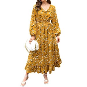 Fall Casual Dresses for Women Empire Waist V Neck Long Sleeve Maxi Ruffle Dress  Wedding Guest Dress - 1 of 4