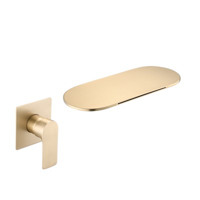 DOMETOUR Wall Mount Bathtub Faucet Brushed Gold Single Handle Modern Bathroom Sink Faucet with Rough in Valve High Flow Filler Waterfall Tub Spout