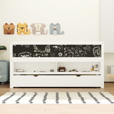 PAGED Twin Size Low Loft Bed Modern Pine Bed Frame with 2 Movable Storage Shelves and Blackboard for Bedroom