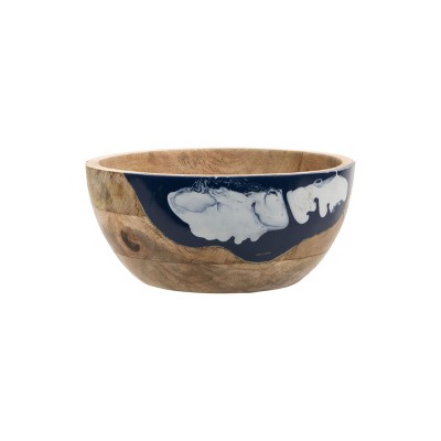 Blue and White Marbled Resin and Wood Bowl - Foreside Home & Garden