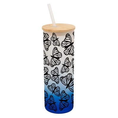 Elanze Designs Medium Monarch Butterfly Insect Bug Wrap-Around Design 25 Ounce Frosted Gradient Glass On-The-Go Coffee Travel Skinny Tumbler Mug Cup,