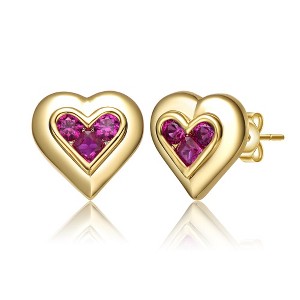 14k Yellow Gold Plated with Purple Amethyst Cubic Zirconia 3-Stone Cluster Heart Stud Earrings - 1 of 3
