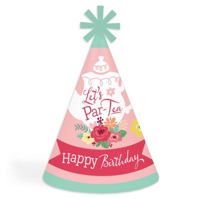 Big Dot of Happiness Floral Let’s Par-Tea - Cone Happy Birthday Party Hats for Kids and Adults - Set of 8 (Standard Size)