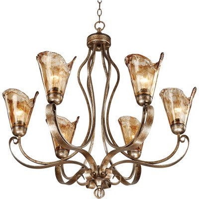 Amber Glass Bronze 6-Light Bell Chandelier
