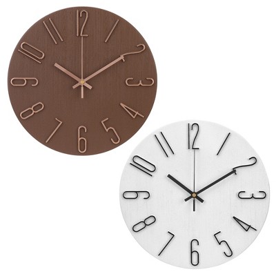 REGALWOVEN 2 Pcs Plastic Classic Battery Powered Silent Non-Ticking Wall Clock 12 x 12 Inches