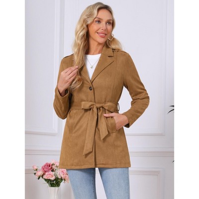 INSPIRE CHIC Women's Faux Suede Lapel Collar Belted Work Dressy Business Casual Overcoat Brown Small — фото 2