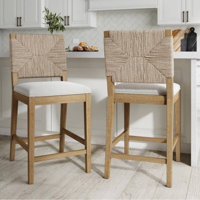 Beacon Bohemian Seagrass and Boucle Counter Height Bar Stools, Set of 2