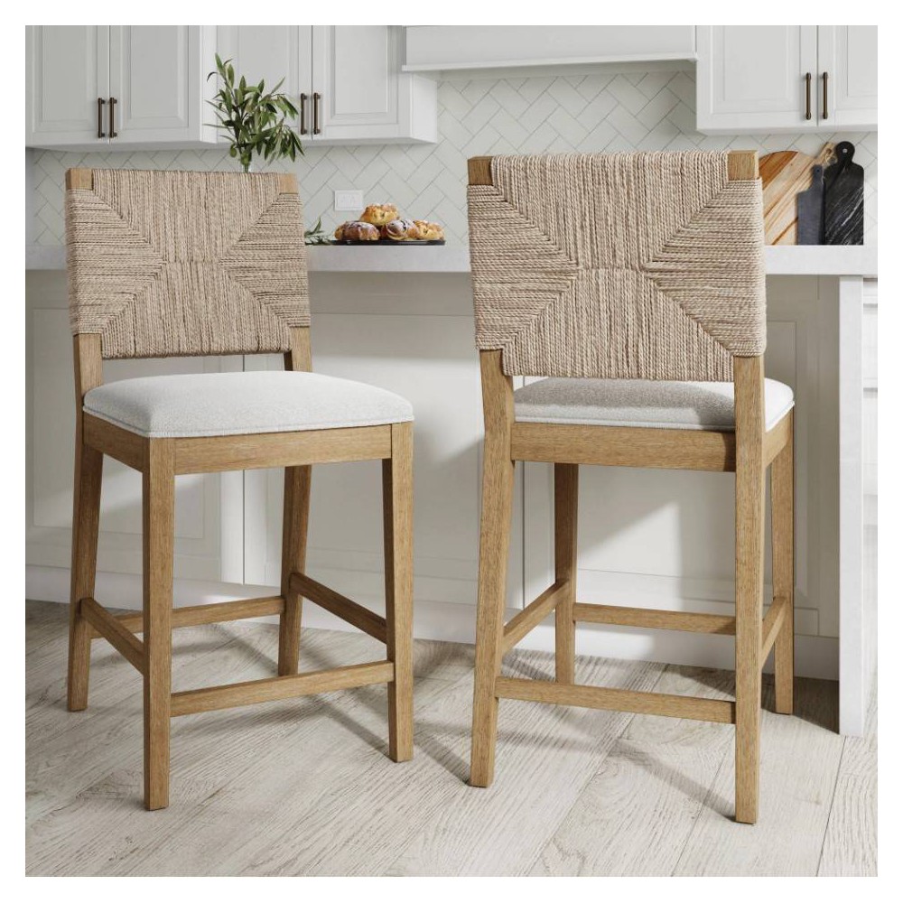 Photos - Chair Nathan James Set of 2 Beacon Seagrass Counter Height Barstools Cream Boucl