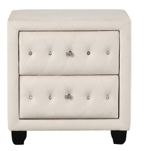 Gulches Crystal Tufted Sophia 2 Drawer Nightstand Cream Velvet Upholstery, Crystal Accents, No Assembly, 16"D x26"W x27.5"H - 1 of 4