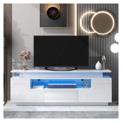 Modern, Stylish Functional TV Stand with Color Changing LED Lights,Entertainment Center, High Gloss TV Cabinet for 75+ inch TV, White