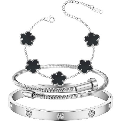 18K Gold Plated Love Friendship Bracelet with Cubic Zirconia, Stainless Steel Cuff Bangle Jewelry Set for Women