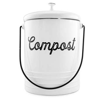 AuldHome Design Enamelware Compost Bin, Farmhouse Compost Can Set w/ Lid and Filters, 1.3 Gallon