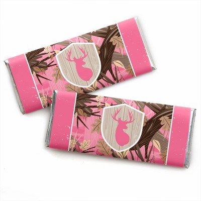 Big Dot of Happiness Pink Gone Hunting - Candy Bar Wrapper Deer Hunting Girl Camo Baby Shower or Birthday Party Favors - Set of 24