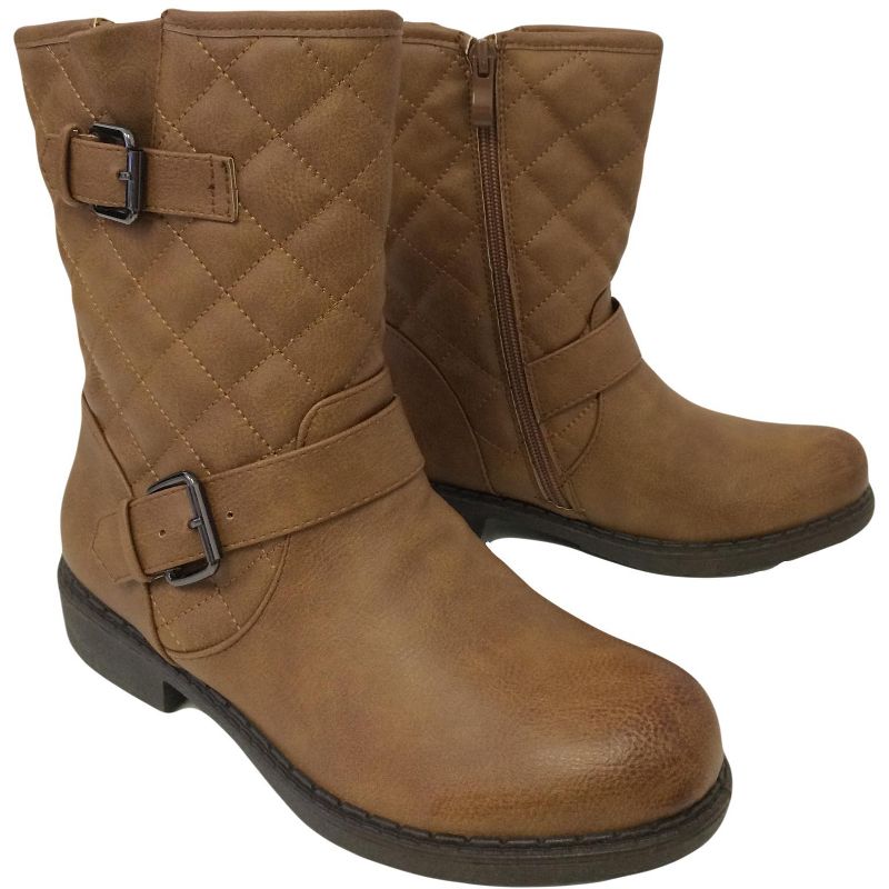 Women's Ankle Boots Faux Leather Quilted Buckle Fur Lined Side Zipper Straps Warm Shoes, Cognac-6.5