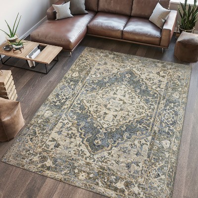 Pavel Blue and Cream 4' x 6' Washable Medallion Rug