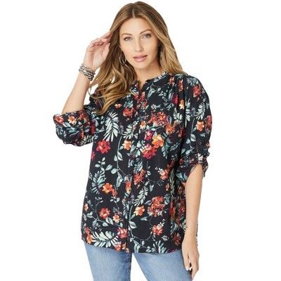 Roaman's Women's Plus Size Button-Front Printed Tunic