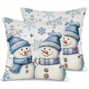 Lomsoe 2pcs Christmas Throw Pillow Covers - Snowman Blue Hat Scarf Snowflake Designs, Zip Closure, Holiday Decorative Cushion Case for Bedroom Sofa - 1 of 4