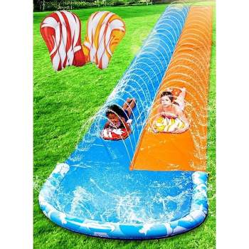 Syncfun 32.5ft Extra Long Water Slide and 2 Inflatable Boards, Heavy Duty Lawn Water Slides Double Waterslide Slip with Sprinkler for Kids