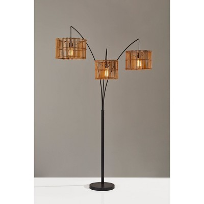 Bohemian Bronze 3-Light Arc Floor Lamp with Rattan Shades