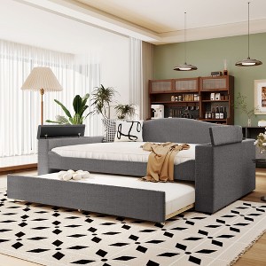 Twin/Full Size Upholstered Daybed with Storage Armrests, Trundle and Latest Integrated Bluetooth Audio System - ModernLuxe - 1 of 4