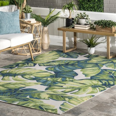 Tropical Breeze 6' Square Blue & Green Floral Synthetic Outdoor Rug