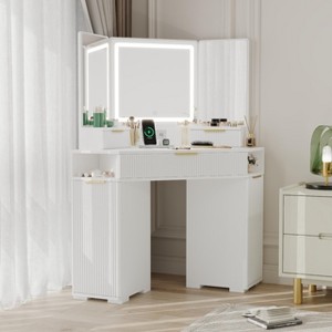 Corner Vanity Desk with Lighted Mirror, Fluted Makeup Table with Drawers & Cabinets, Modern Corner Dressing Table for Bedroom - 1 of 4