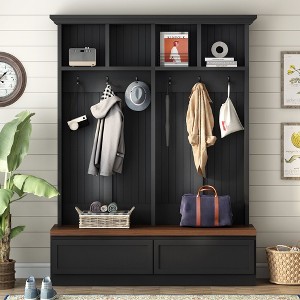 CAVINAS 4-in-1 Hall Tree with Storage Bench and 6 Hooks Modern Coat Rack with Open Shelves for Hallway - 1 of 4