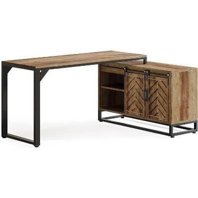 Tribesigns L-Shaped Computer Desk with Cabinet, 53-Inch Farmhouse Corner Desk with Sliding Barn Doors, Rustic Brown