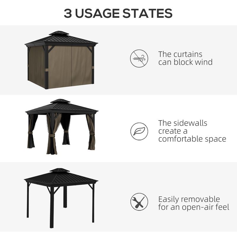 Outsunny Patio Gazebo, Netting & Curtains, 2 Tier Double Vented Steel Roof, Hardtop, Ceiling Hooks, Rust Proof Aluminum, 5 of 7