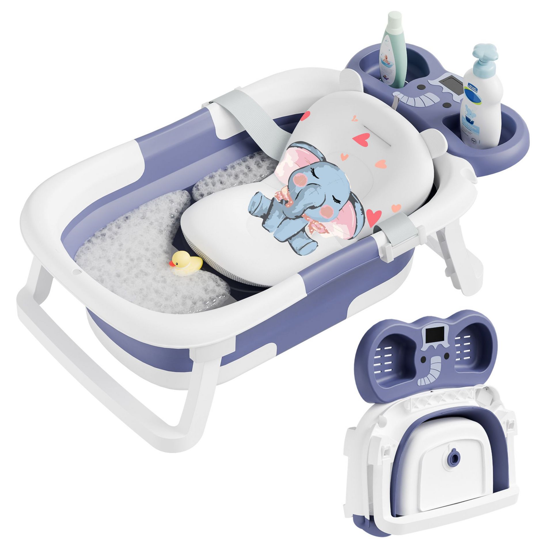 Napei Foldable Elephant Baby Bathtub for Infants and Toddlers with Soft Cushion and Thermometer