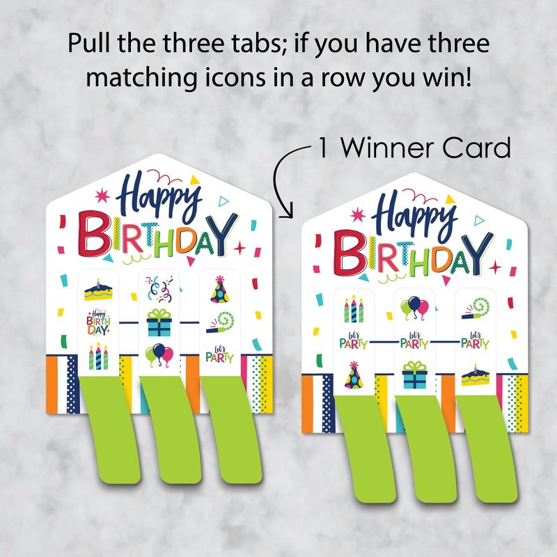 Big Dot of Happiness Cheerful Happy Birthday - Colorful Birthday Party Game Pickle Cards - Pull Tabs 3-in-a-Row - Set of 12, 3 of 7