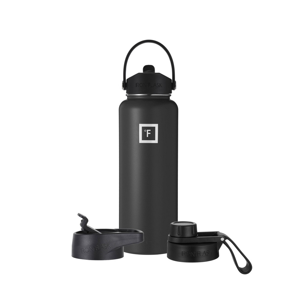 Photos - Glass IRON FLASK 40oz Wide Mouth Sports Water Bottle - 3 Lids, Leak Proof, Double Walled Vacuum Insulated - Midnight Black: Stainl