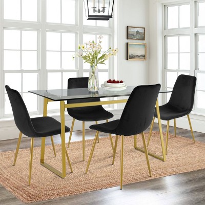Mona+Bingo 5 Piece Gold Rectangular Clear Tempered Transparent Glass Table with 4 Upholstered Side Chairs-Maison Boucle