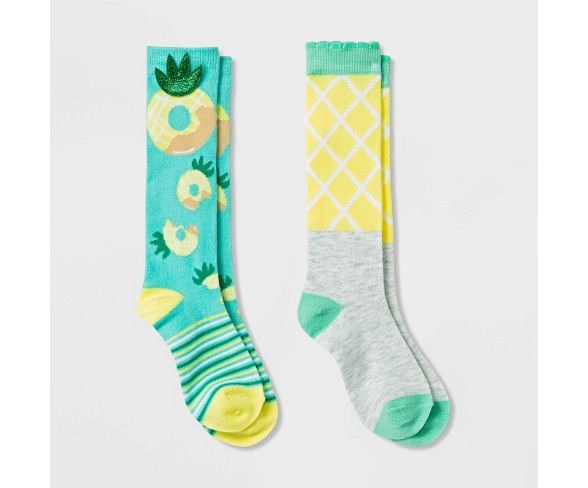 Girls' 2pk Donut Print Socks - Turquoise L