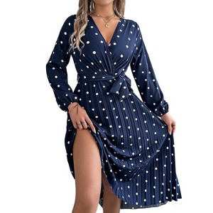Women's Dot Printed Casual Dress V Neck Long Sleeve Tie Waist Pleated Midi Dress - 1 of 4