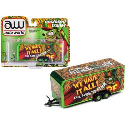 4-Wheel Enclosed Car Trailer Green with Graphics "Rat Fink: We Haul it All!" 1/64 Diecast Model by Auto World