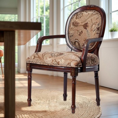Fabric Chair with Intricate Hand Carvings, Floral Chenille Seat, and Solid Wood Construction