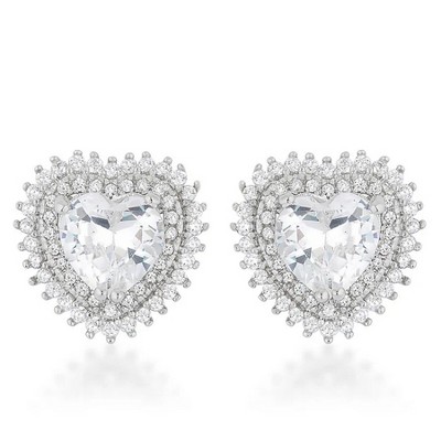 ShineHigh Halo Heart Earrings – Large Heart-Cut CZ with Double Halo Accent – Elegant Rhodium Finish Statement Studs with Butterfly Back