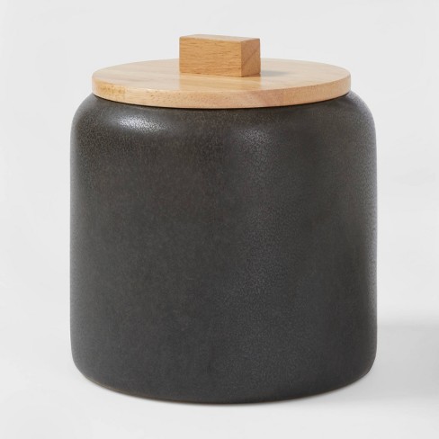 Medium Stoneware Tilley Food Storage Canister With Wood Lid Black