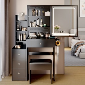 Makeup Vanity, Dressing Table With 4 Drawers & Storage Shelves, Makeup Table With LED Lighted Mirror, 3 Color Modes & Adjustable, For Bedroom Black - 1 of 4