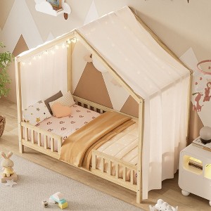 Okak Twin/Full Kids Floor House Bed Frame with Roof Design & Canopy,Modern Montessori Platform Bed,No Box Spring Needed - 1 of 4