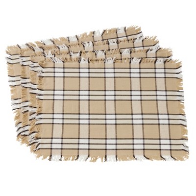 Set of 4 Cotton Placemats With Khaki Plaid Design Beige - Saro Lifestyle