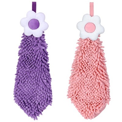 REGALWOVEN Chenille Soft Absorbent Flower Hanging Hand Towels for Bathroom 2 Pcs