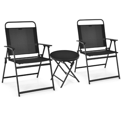 Tangkula 3PCS Patio Bistro Set Outdoor Folding Table Chairs Set w Tempered Glass Top Black