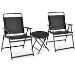 Tangkula 3PCS Patio Bistro Set Outdoor Folding Table & Chairs Set w/Tempered Glass Top Black
