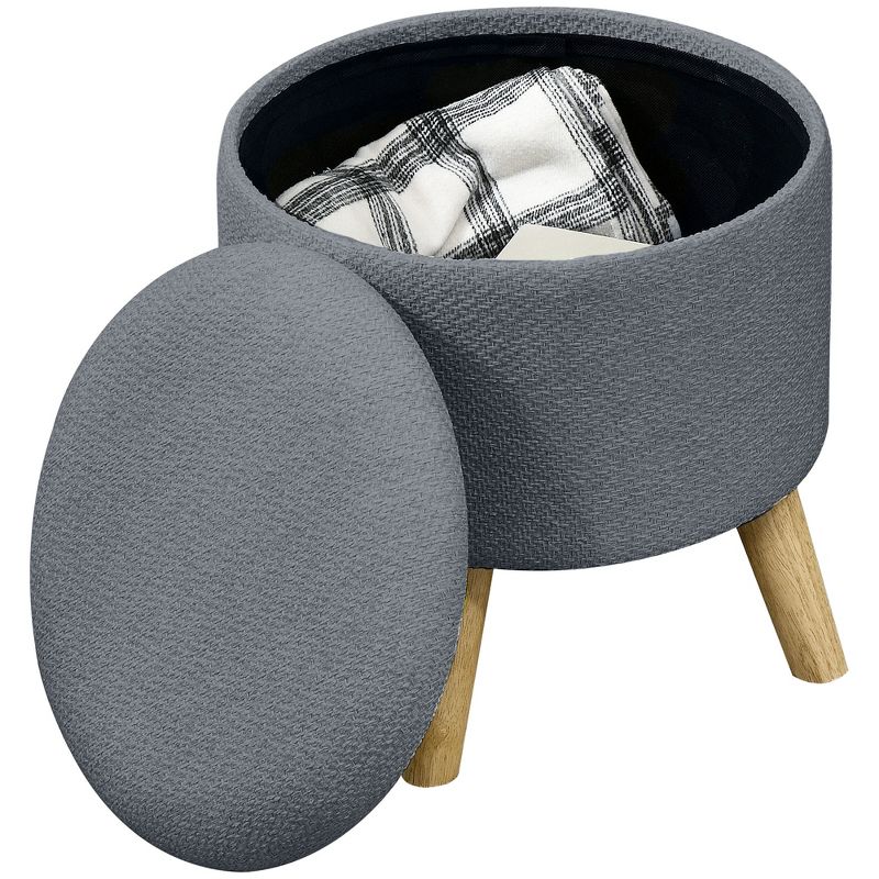 HOMCOM Storage Ottoman, Round Footstool with Linen Feel Fabric Upholstery, Removable Top, Hidden Space and Wood Legs for Living Room, 1 of 7