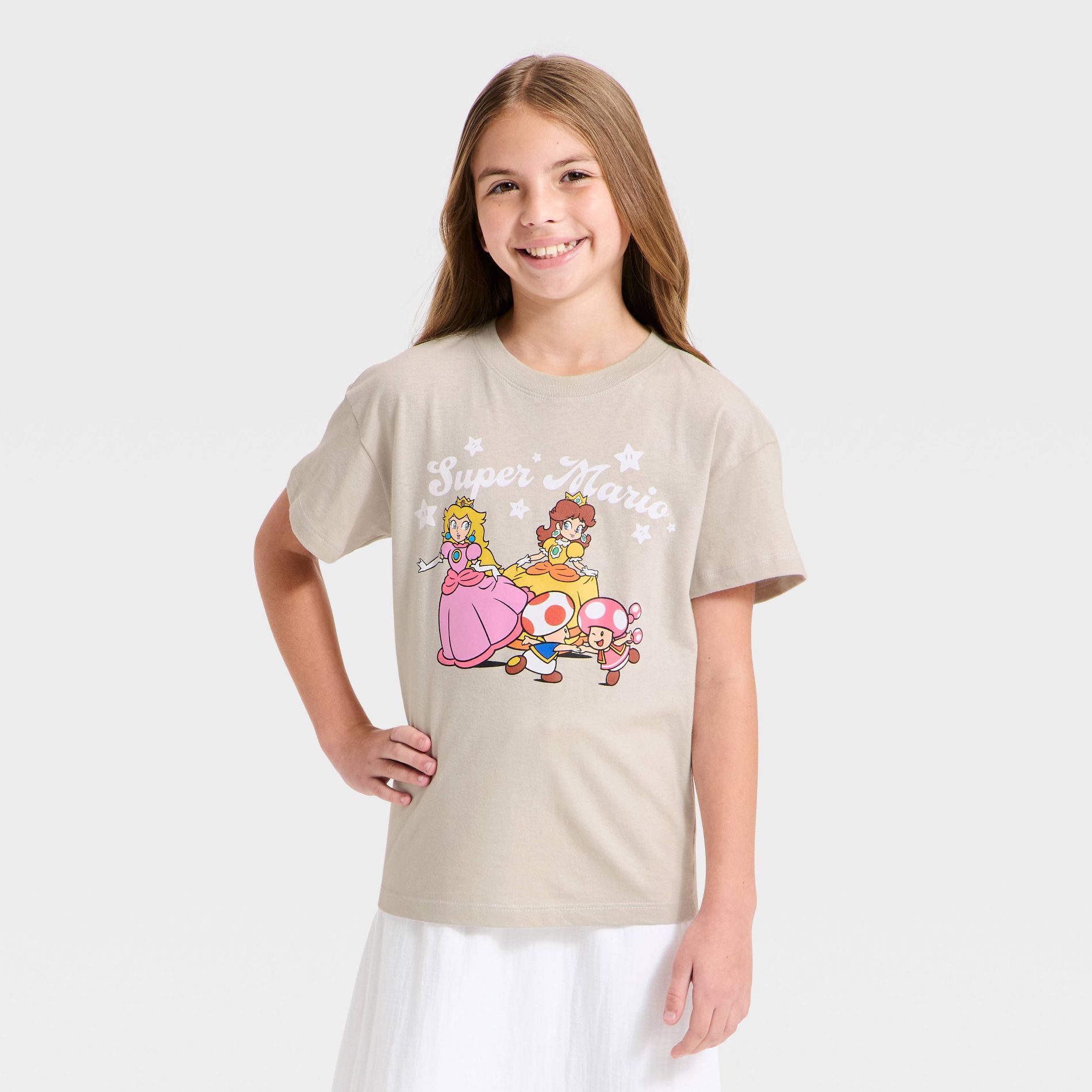 Girls' Super Mario Peach and Daisy Oversized Short Sleeve Graphic T-Shirt - Gray
